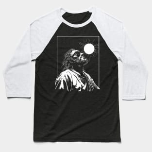 Silhouette of Jesus Wearing Glasses Looking Up at Solar Eclipse Baseball T-Shirt